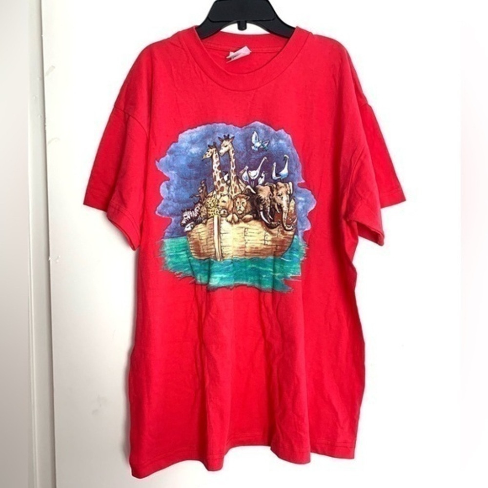 New Vintage Noah’s Ark T-shirt Tee Top Religious Animal Noah Red Size XL
